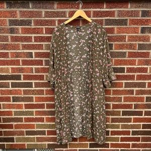 Express Olive Green and Pink Floral Print Long Sleeve Maxi Kimono Jacket